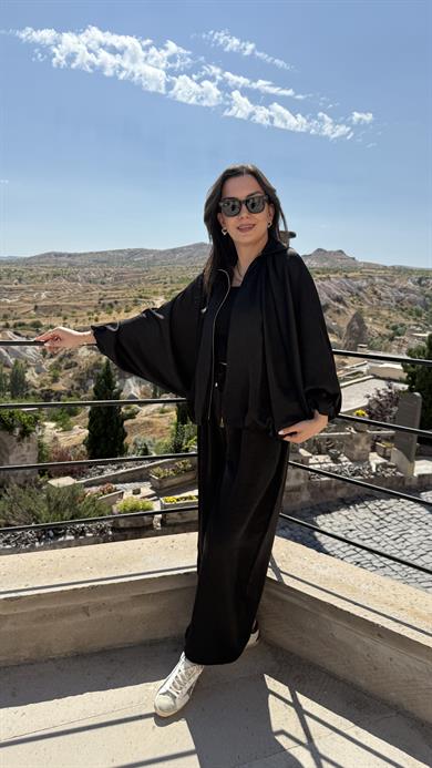 Saten Bomber Ceket Takım - Siyah 