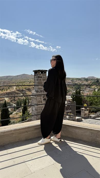 Saten Bomber Ceket Takım - Siyah 