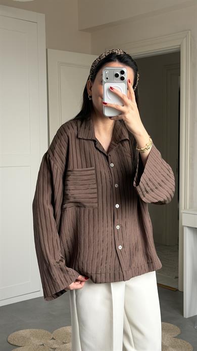 Saten Çizgili Oversize Gömlek - Kahve 