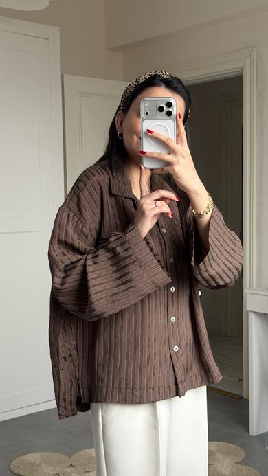 Saten Çizgili Oversize Gömlek - Kahve 