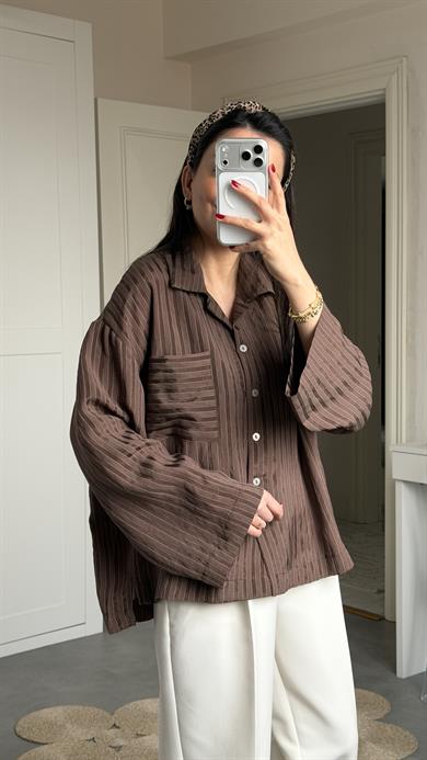 Saten Çizgili Oversize Gömlek - Kahve 
