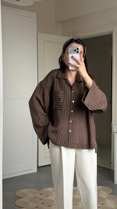 Saten Çizgili Oversize Gömlek - Kahve 