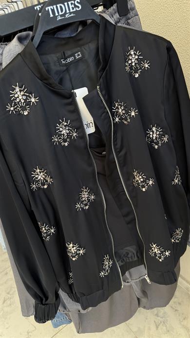 Saten Taşlı Bomber Ceket -Siyah 