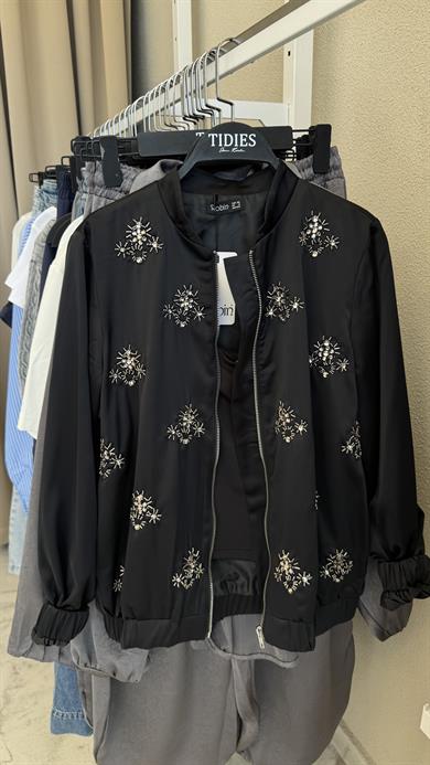 Saten Taşlı Bomber Ceket -Siyah 