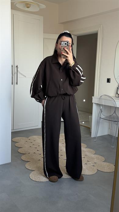 Şeritli Bomber Takım - Kahverengi