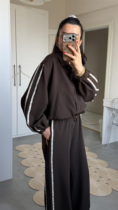 Şeritli Bomber Takım - Kahverengi