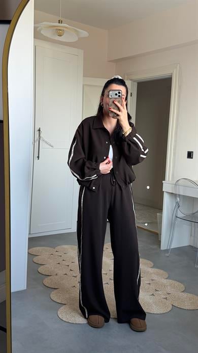 Şeritli Bomber Takım - Kahverengi