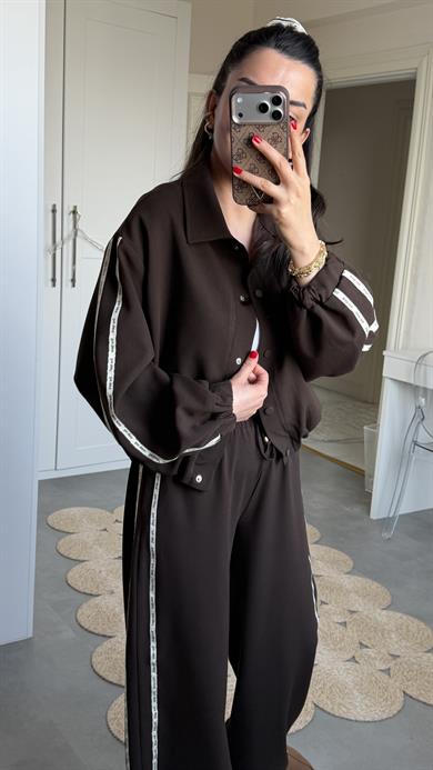 Şeritli Bomber Takım - Kahverengi