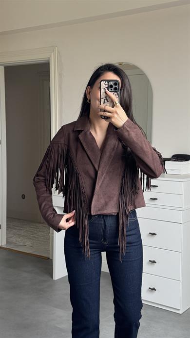 Süet Püsküllü Ceket - Kahve 