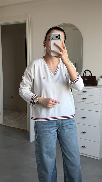 Tmmy V Yaka Triko - Beyaz