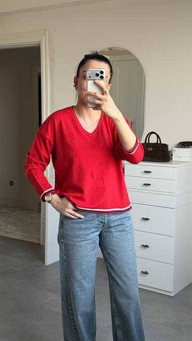 Tmmy V Yaka Triko - Kırmızı