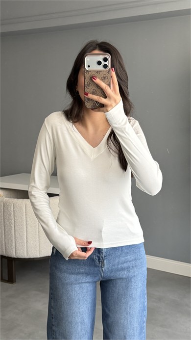 V Yaka Parmak Geçirmeli Body - Beyaz