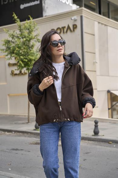 Yakası Şişme Bomber Mont - Kahve 