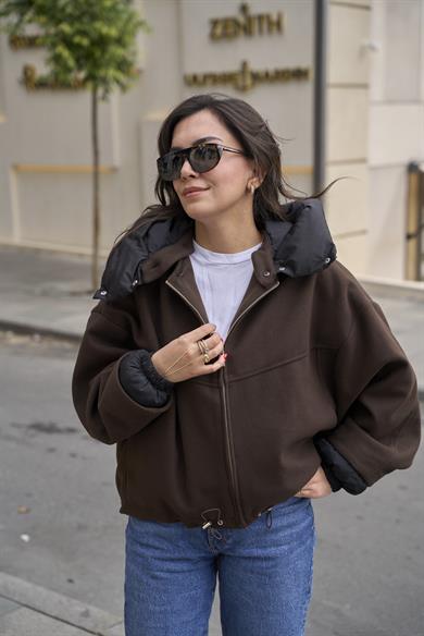 Yakası Şişme Bomber Mont - Kahve 