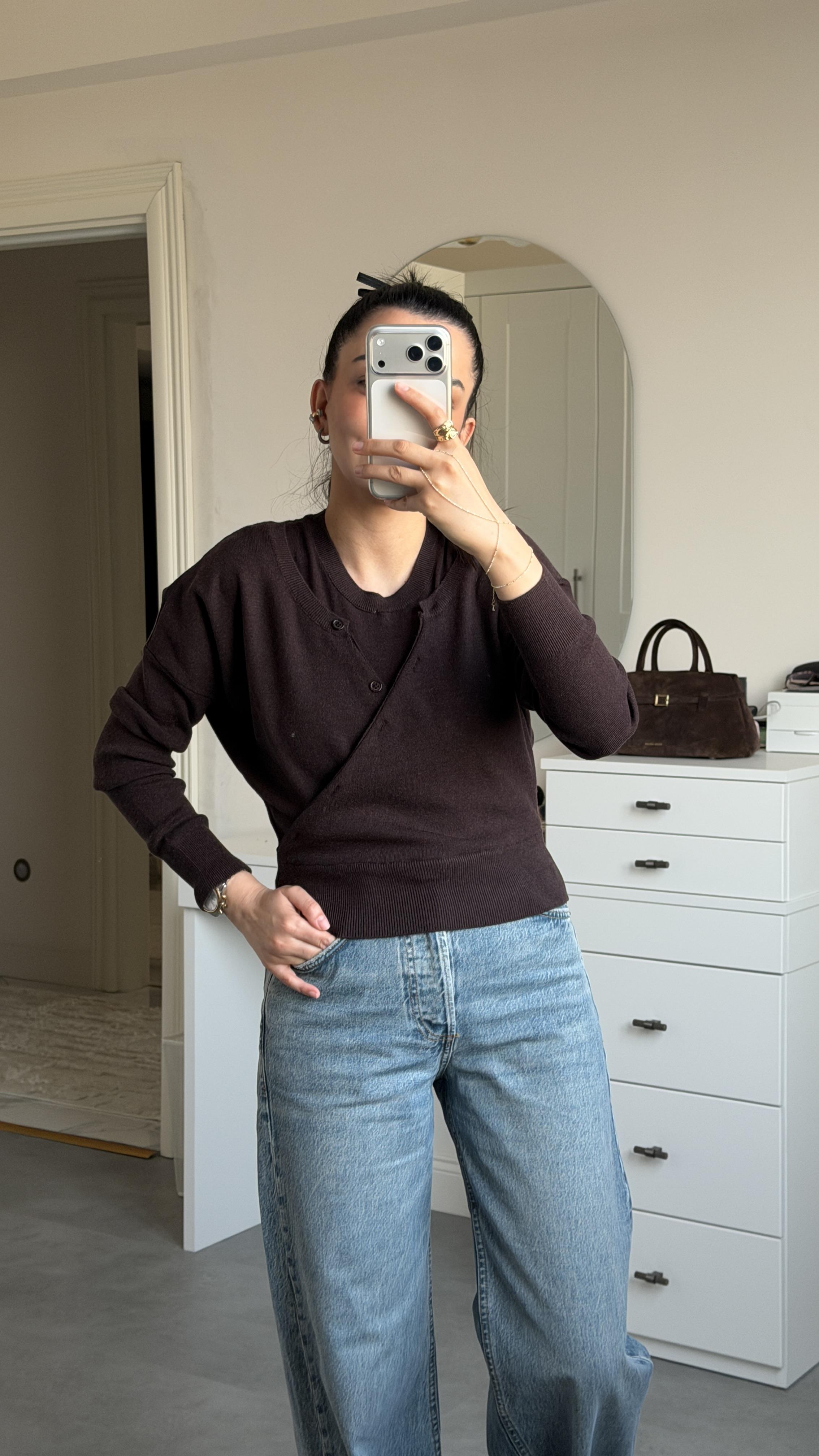 Çift Katlı Triko Kazak - Kahve 