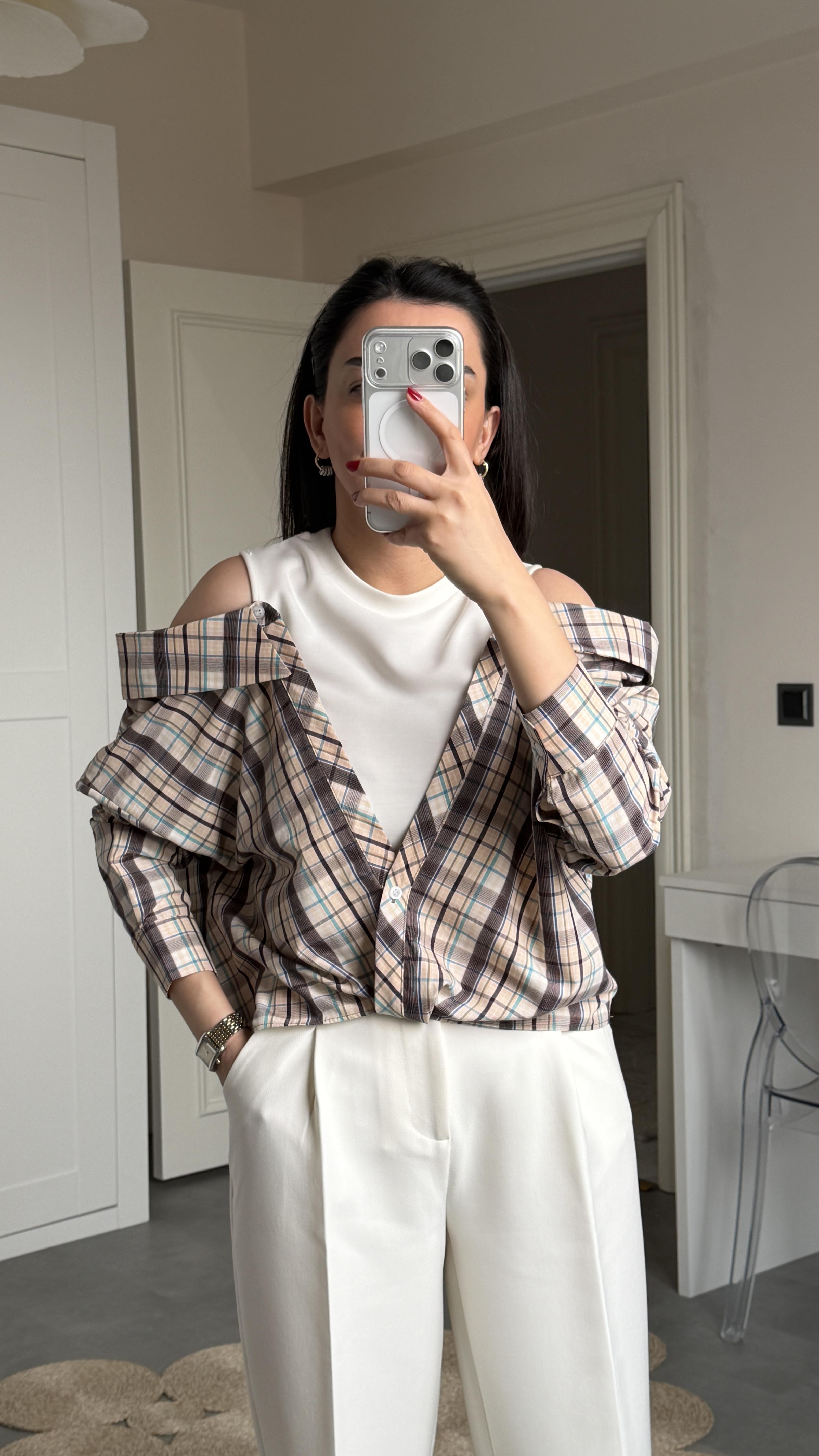 Degaje Yaka Bluzlu Gömlek - Kahve 