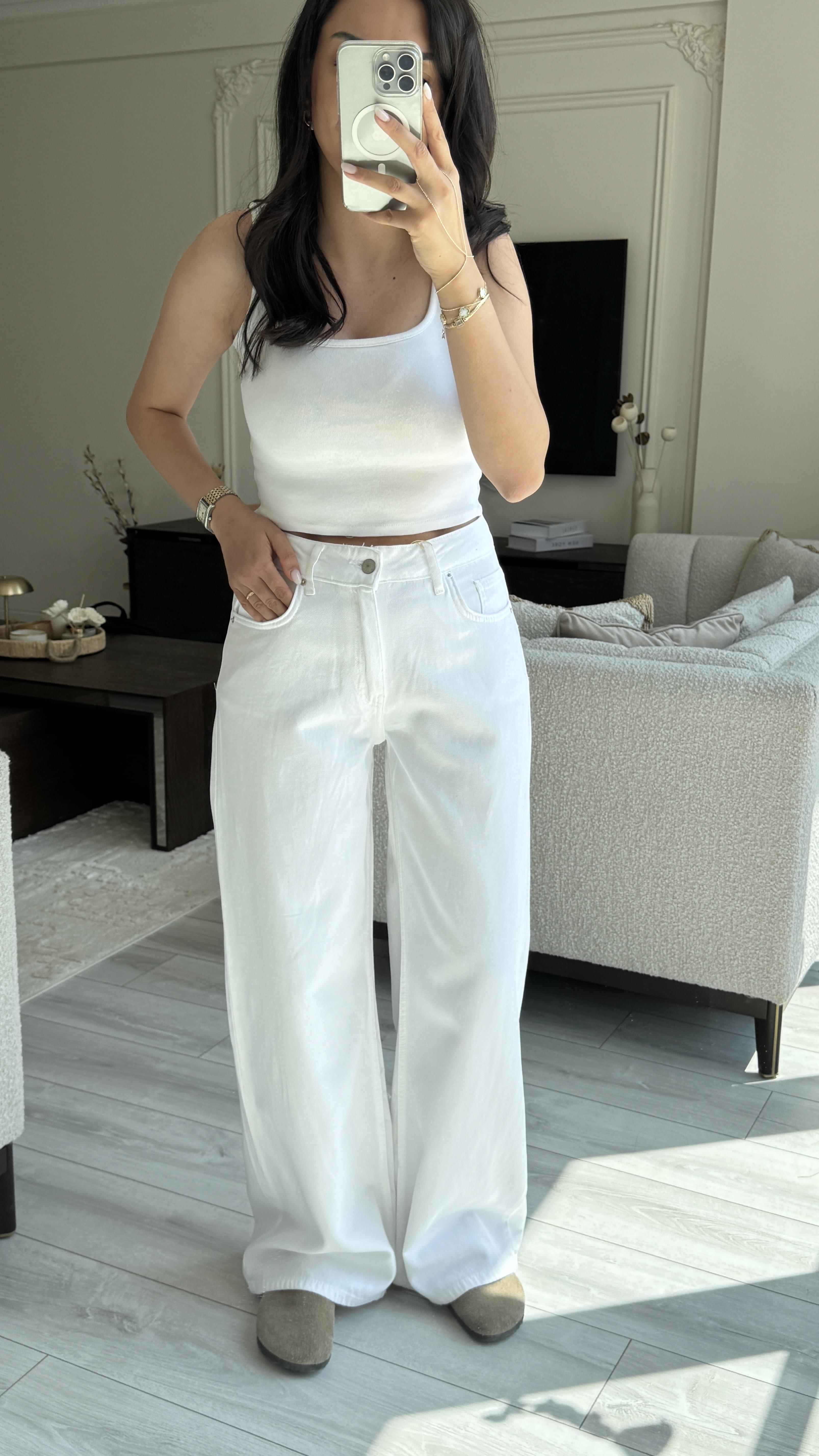 Dilvin Geniş Paça Beyaz Jean 