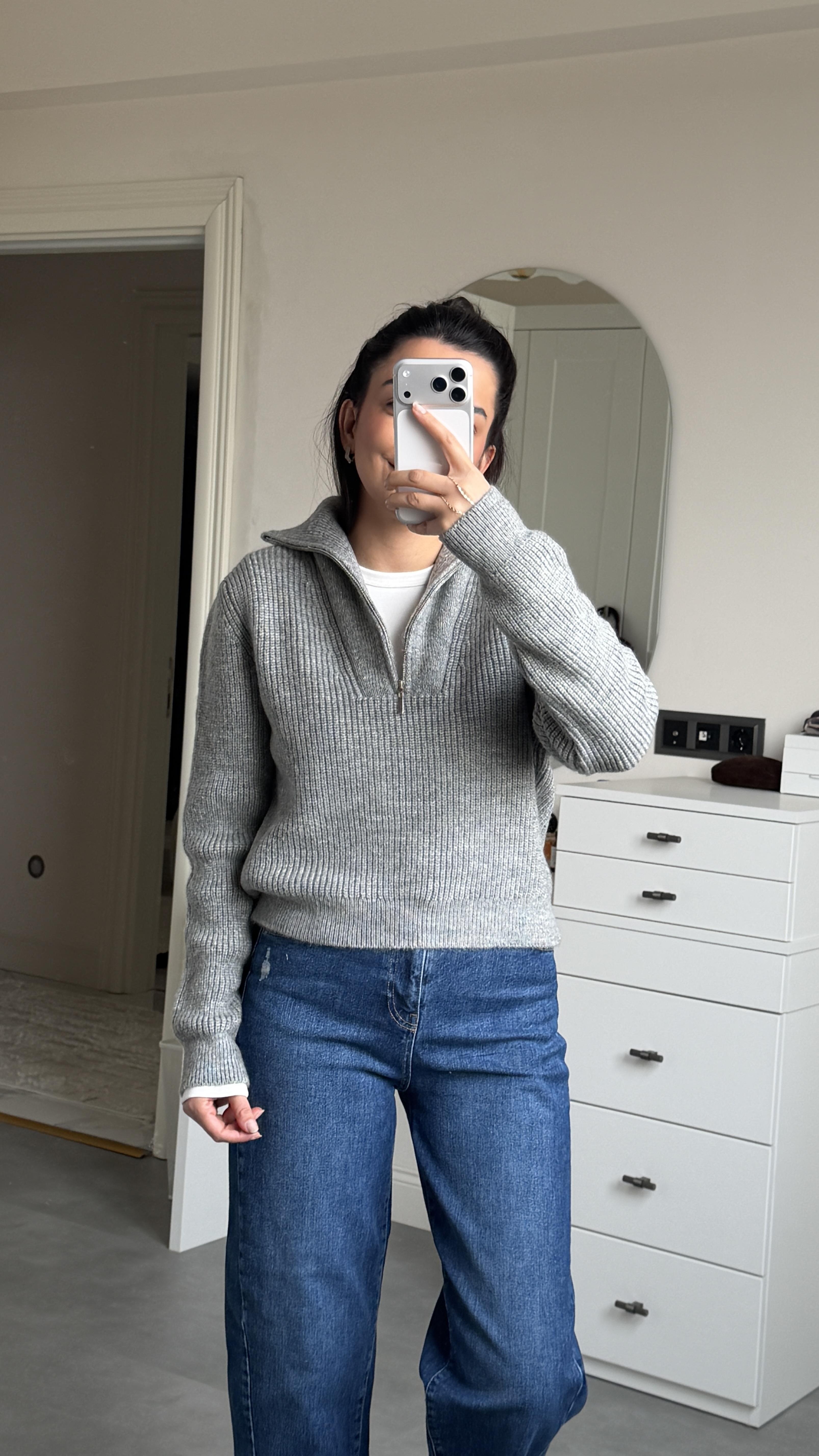 Fermuarlı Kazak - Gri