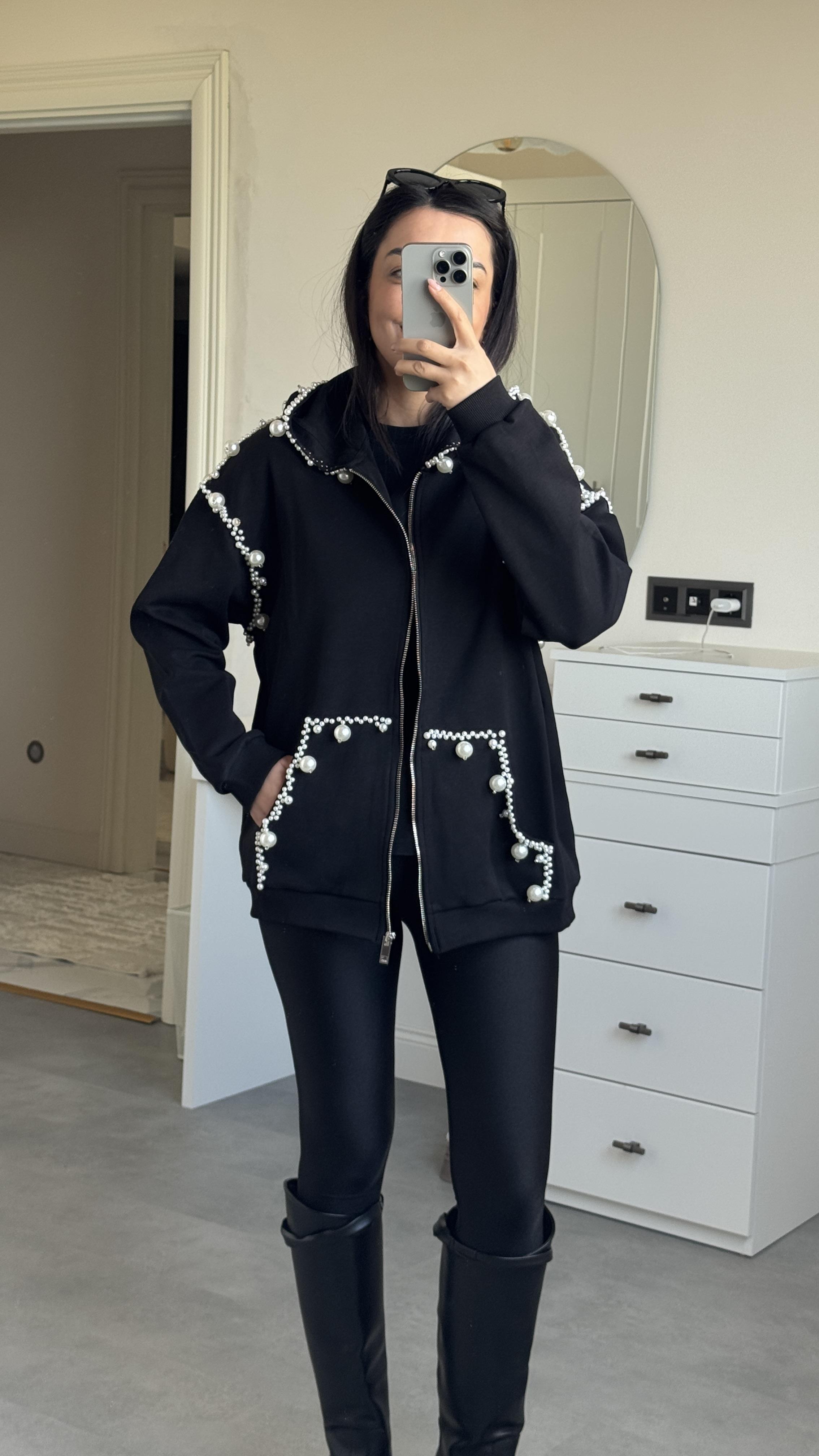 İncili Kapüşonlu Sweat -Siyah