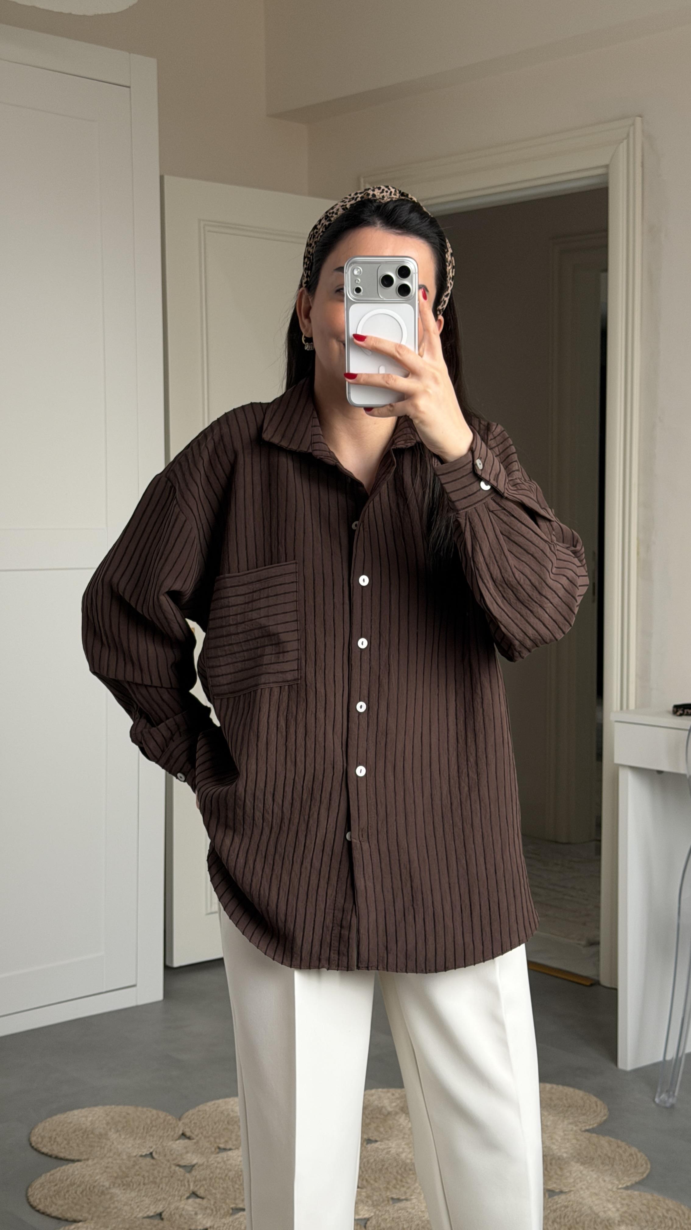 Kadife Çizgili Oversize Gömlek - Kahve 