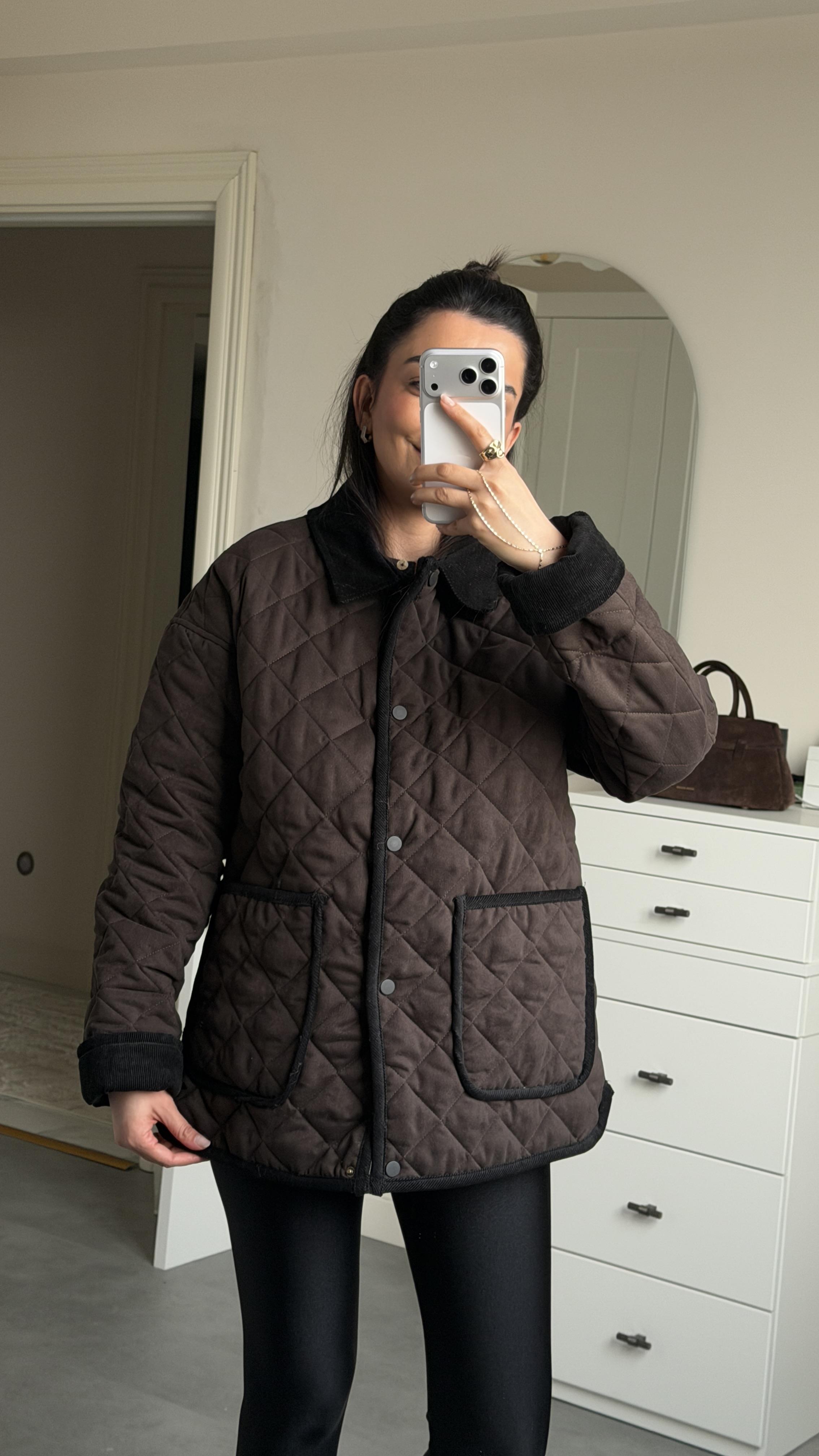 Kapitone Süet Mont - Kahve