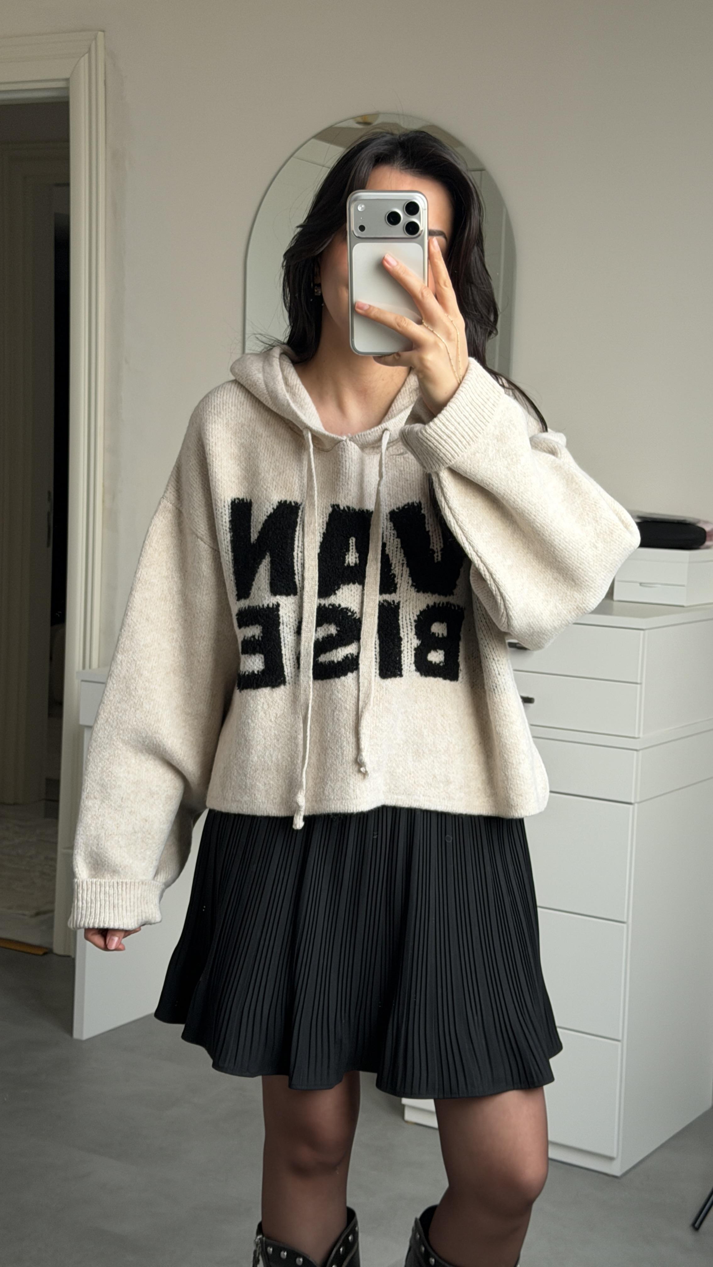 Kapüşonlu Oversize Kazak - Krem