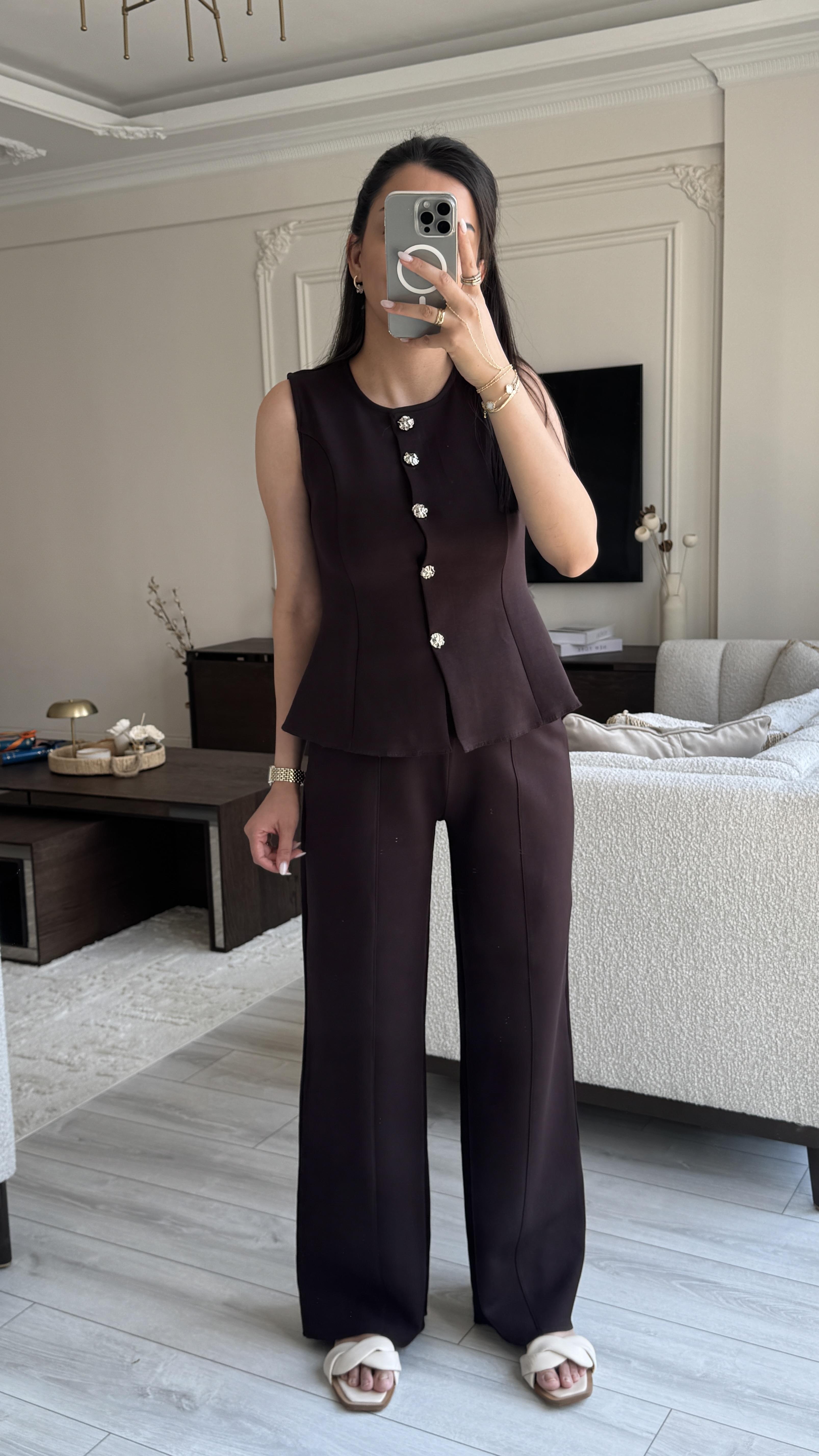 Karol Yelekli Takım - Kahverengi 