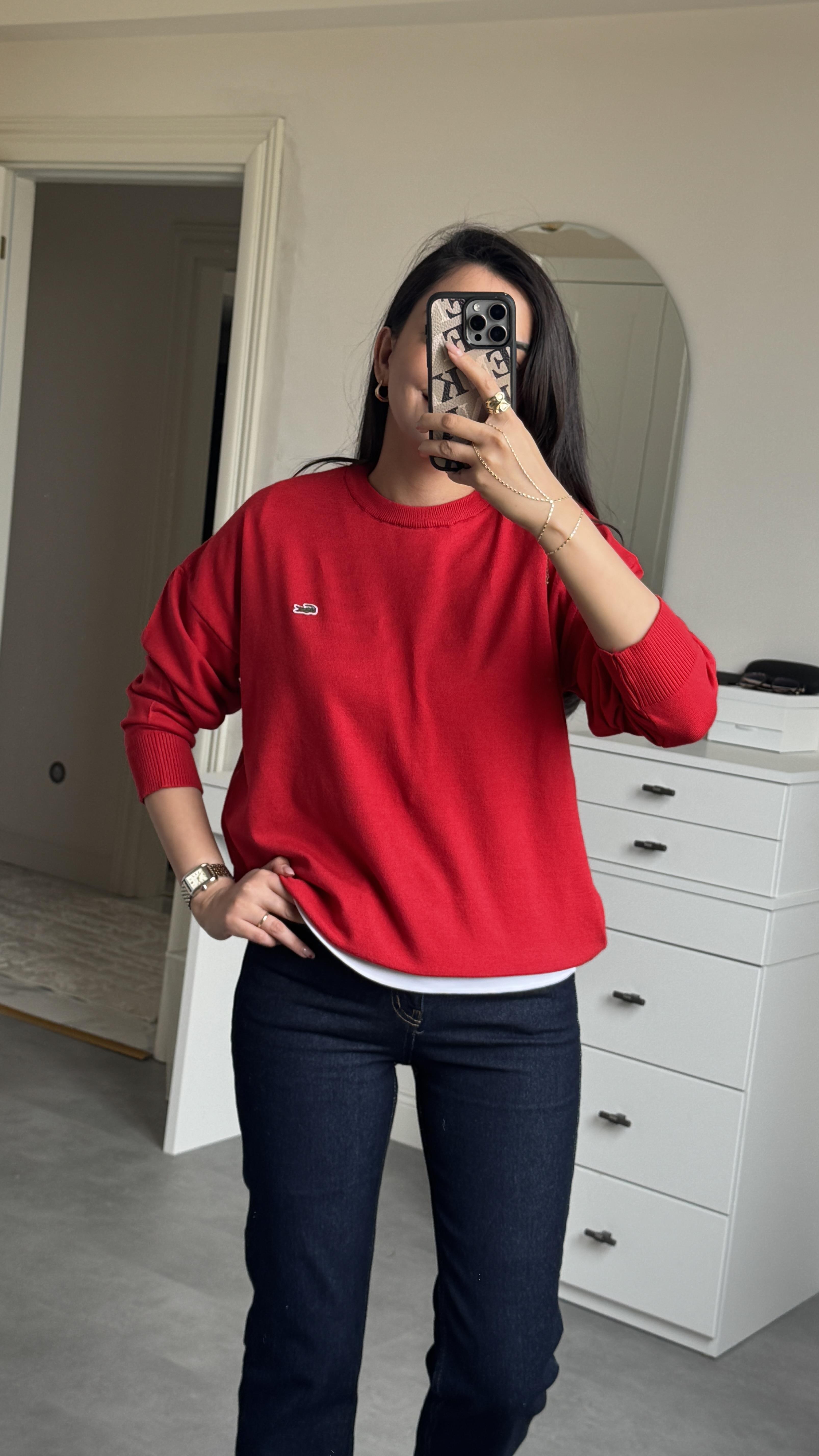 Lacste Bisiklet Yaka Kazak - Kırmızı