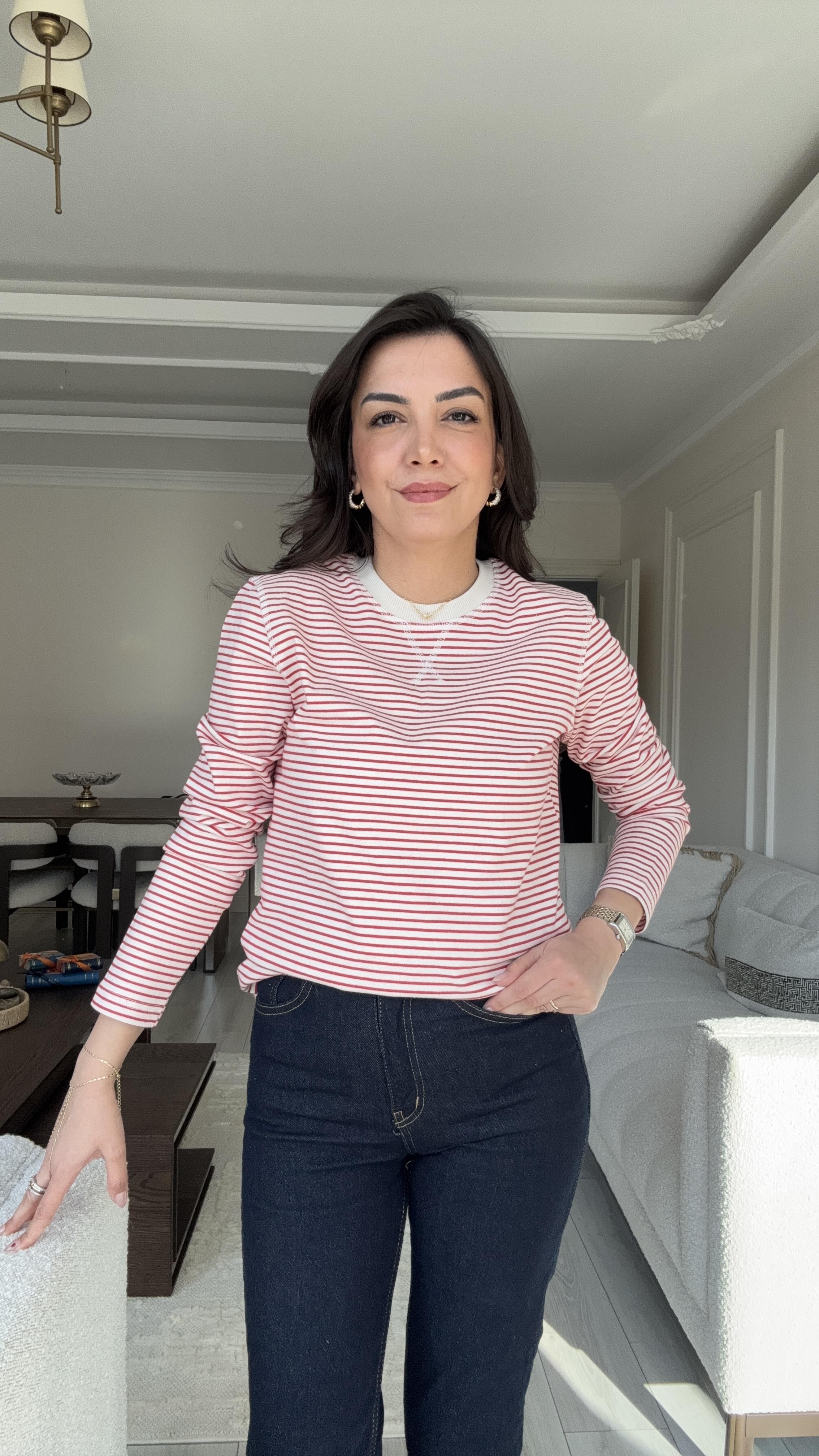 Massi Çizgili Sweat - Bej & Kırmızı 