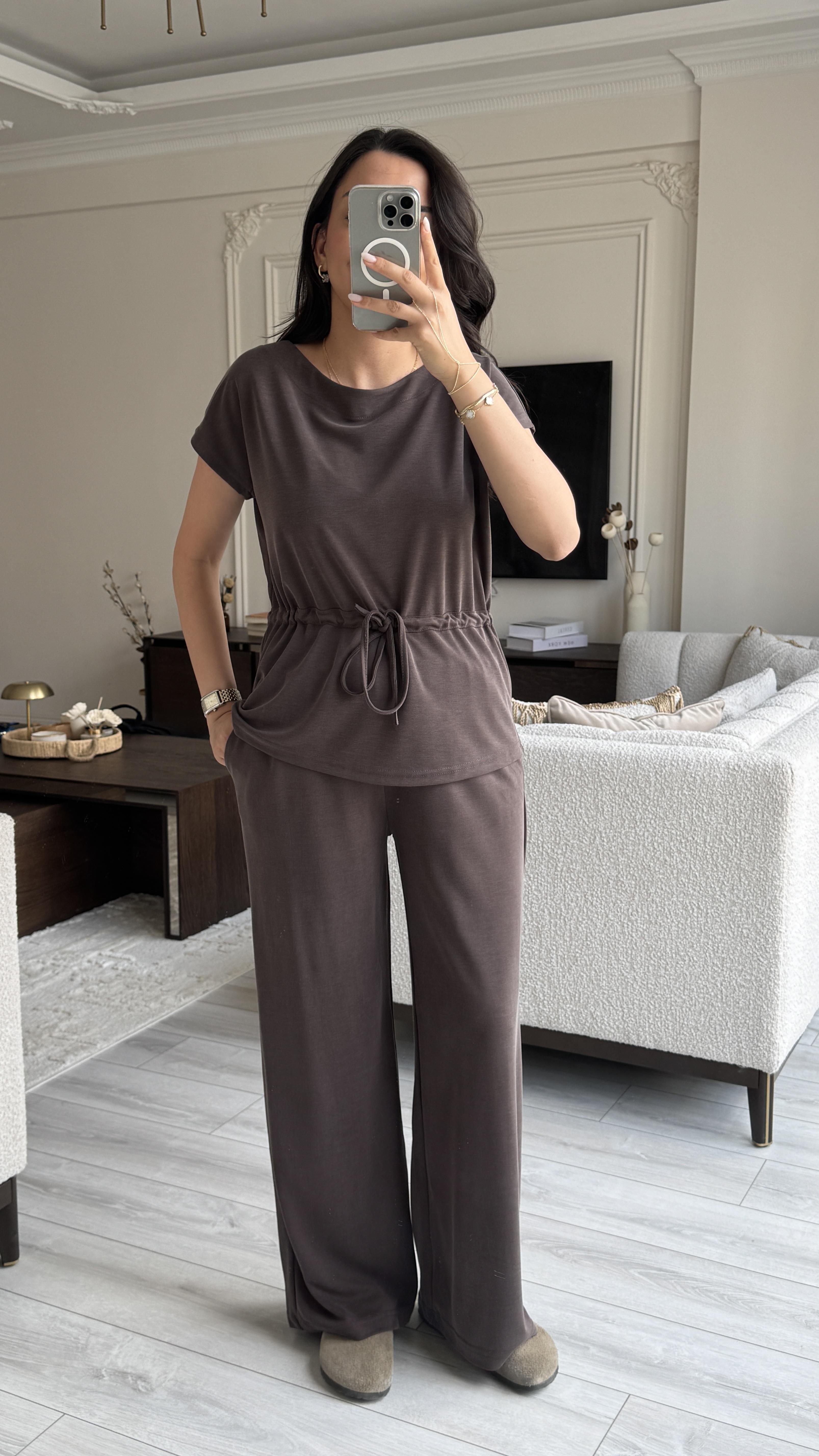 Oysh Beli Büzgülü Takım - Kahverengi 