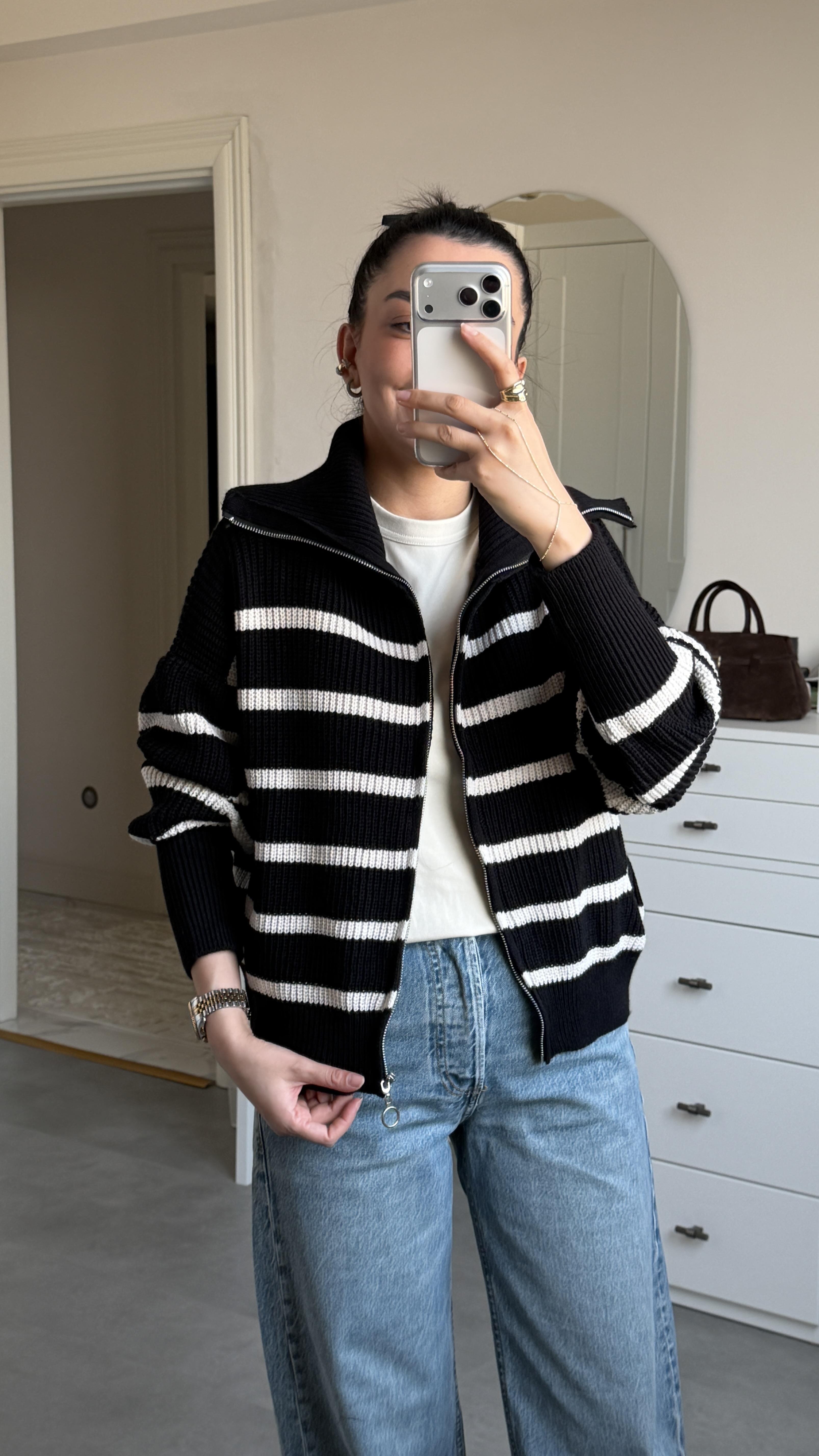 Rms Çizgili Hırka - Siyah