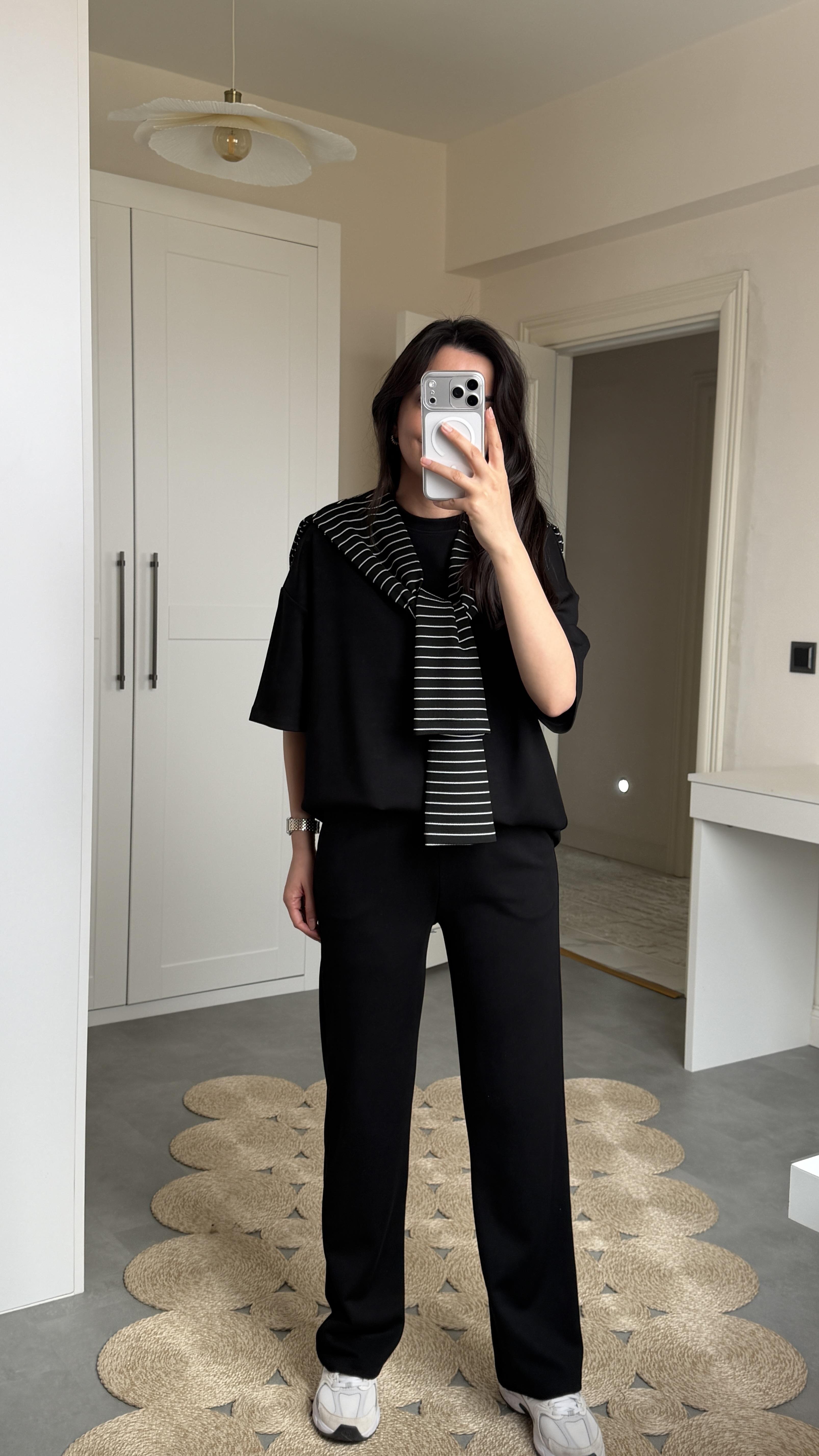 Şallı Çizgili 3'lü Takım - Siyah