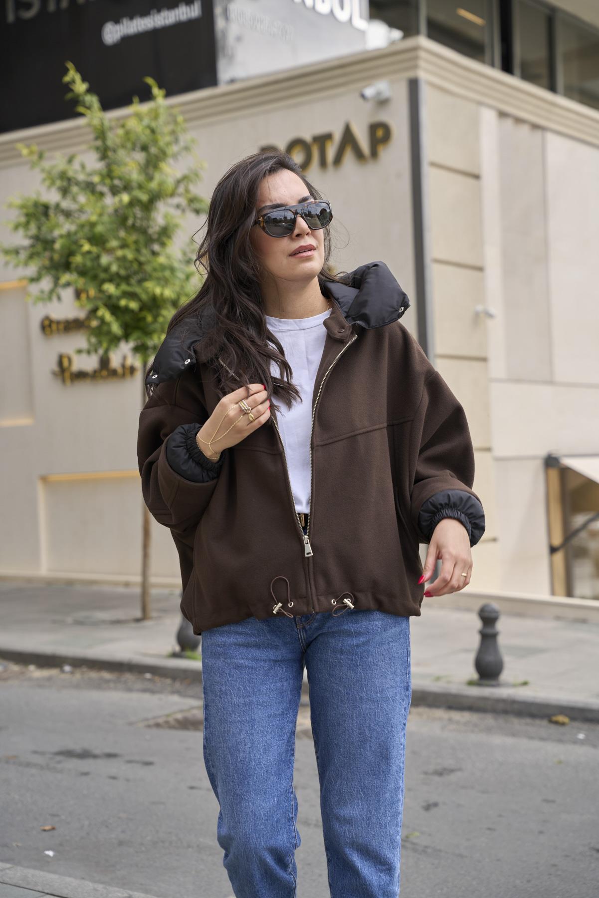 Yakası Şişme Bomber Mont - Kahve 