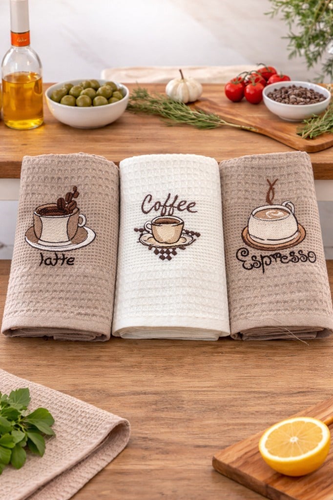 3’lü Nakışlı Waffle Mutfak Havlusu 40x60 cm – Süper Emici & Yumuşak
