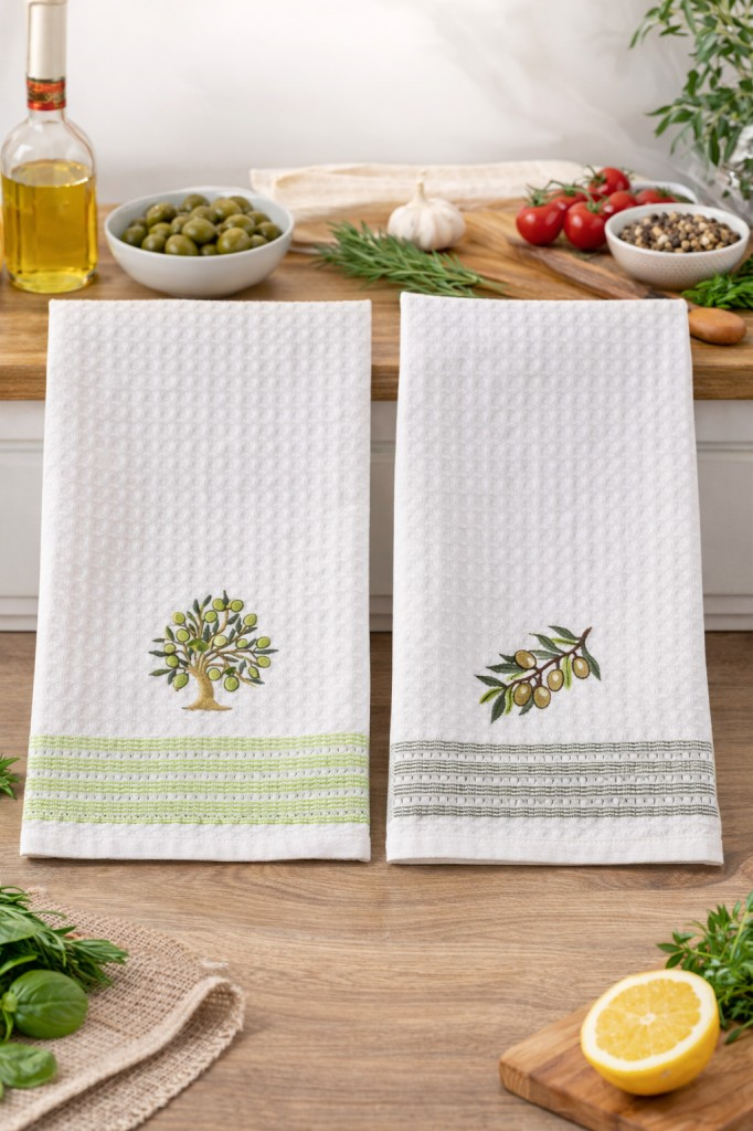 3’lü Nakışlı Waffle Mutfak Havlusu 50x70 cm – Süper Emici & Yumuşak
