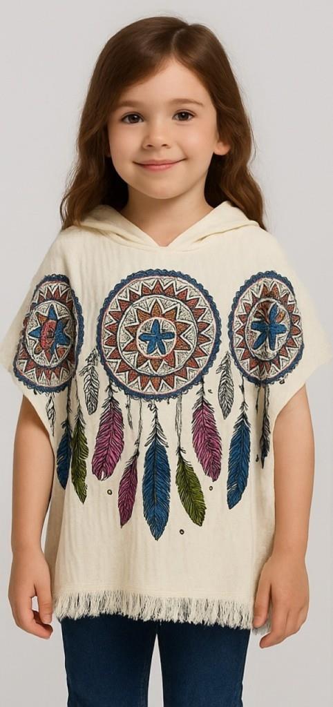 Çocuk Kapüşonlu Ponço – Dreamcatcher Nakışlı, Renkli Tüy Desenli, Bohem Tarz