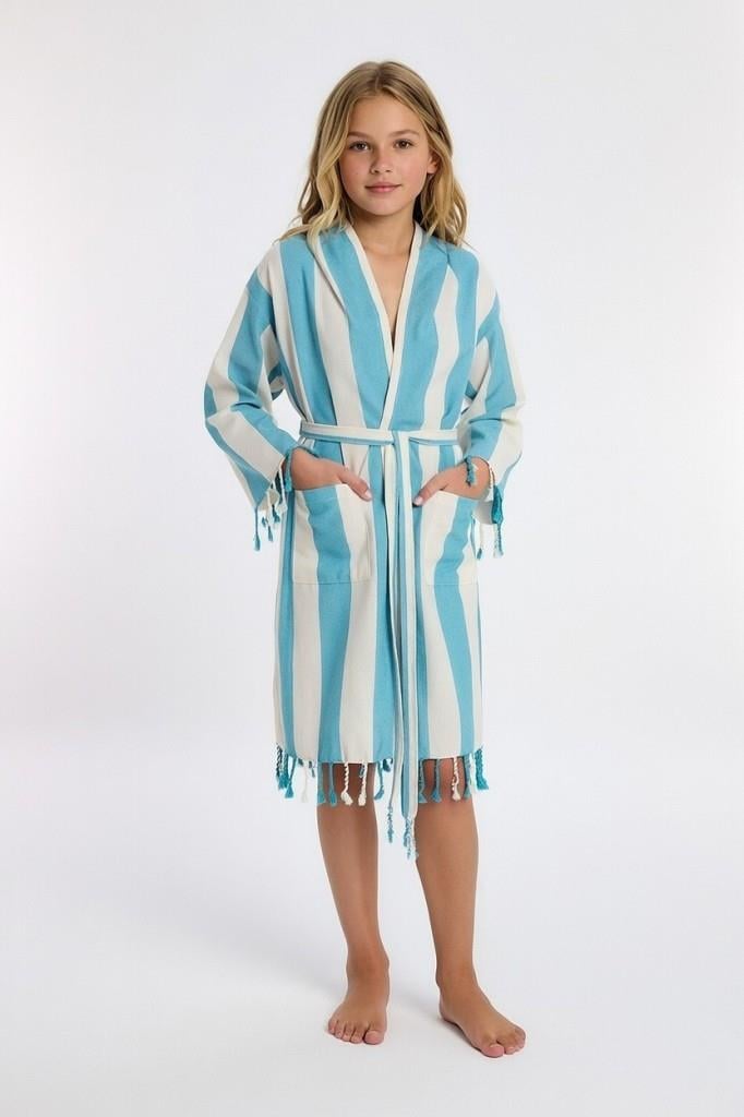 Çocuk Striped Peştamal Bornoz %100 Pamuk Unisex 