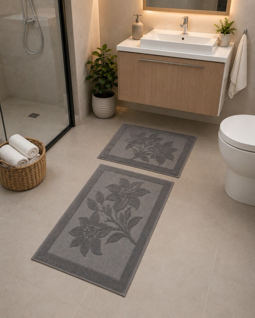 Kabartma Çiçek Desenli 2’li Banyo Paspas Seti Yumuşak Dokulu Modern Banyo Halısı