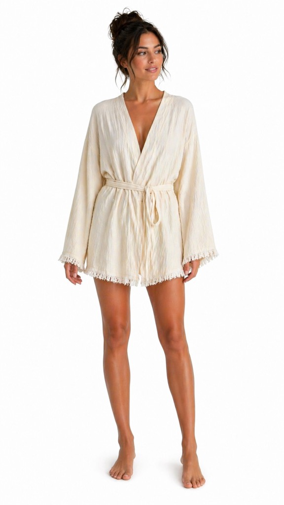Kadın Ekru Müslin Kimono Bornoz – Kuşaklı, Püskül Detaylı, Oversize Rahat Kesim Plaj & Ev Giyim