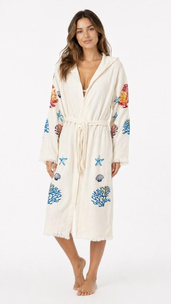 Kadın Müslin Plaj Kimonosu Kapüşonlu %100 Pamuk Baskılı Yazlık Kimono Bornoz