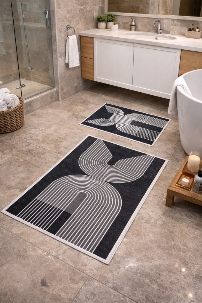 Modern Çizgili Çerçeve Banyo Paspası Kaydırmaz Tabanlı Yumuşak 2’li Set