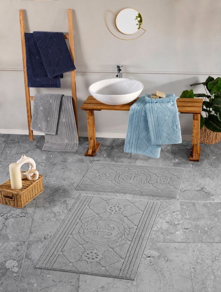 Pasifik Kabartma Çiçek Desenli 2’li Banyo Paspas Seti Yumuşak Dokulu Modern Banyo Halısı