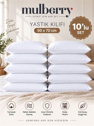 10'lu Yastık Kılıfı 50x70 cm Beyaz Premium Kalite Yastık Kılıfı Seti