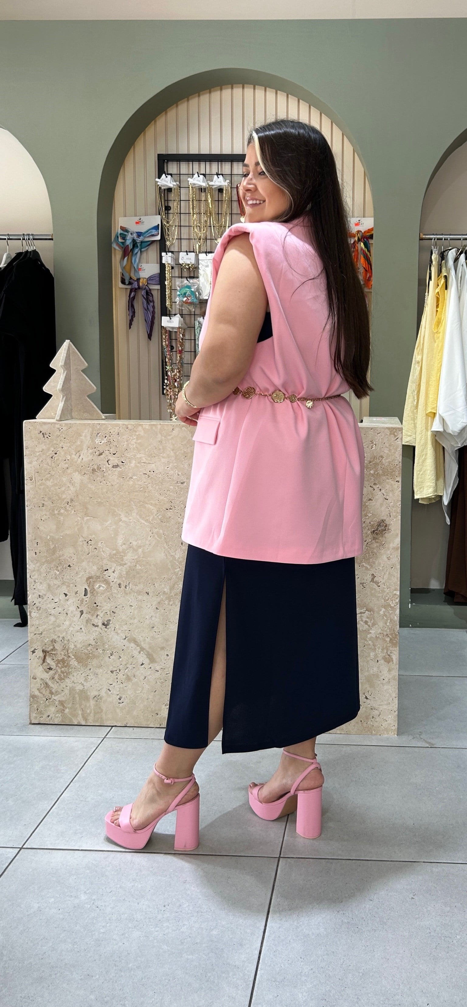 968-Pembe Vatkalı Blazer Yelek