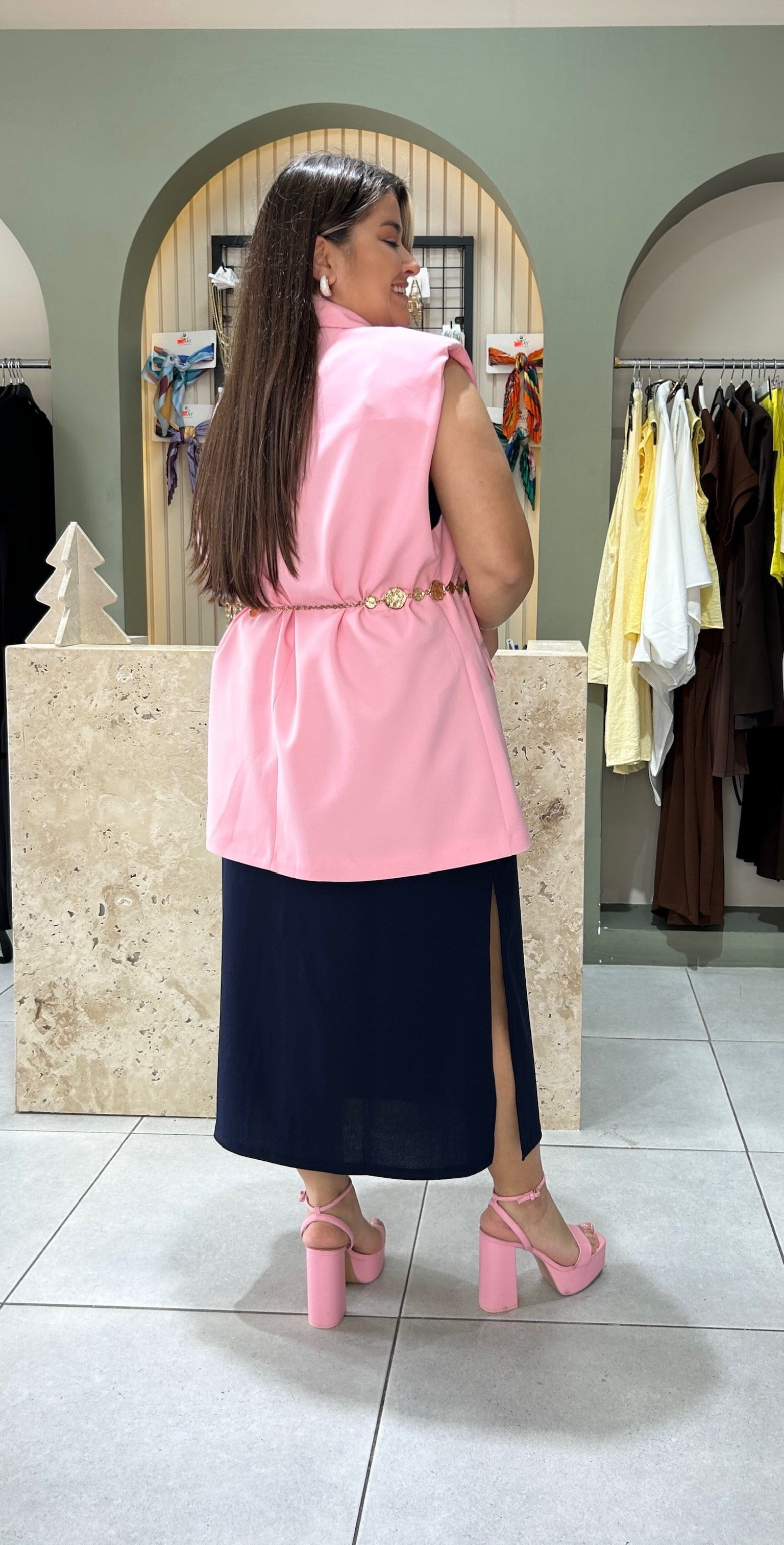 968-Pembe Vatkalı Blazer Yelek