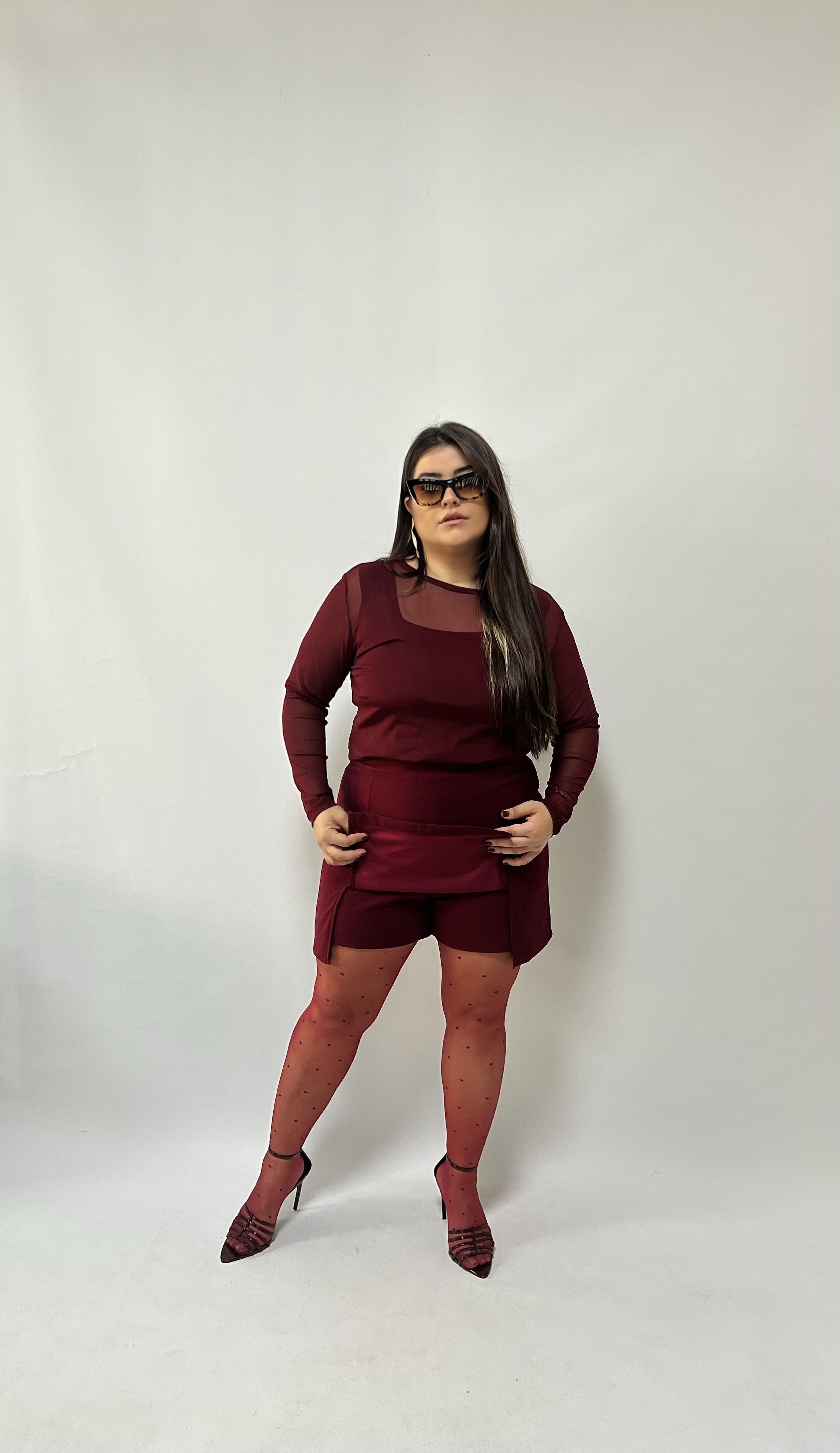 Bordo Çift Yırtmaçlı Likralı Şort Etek