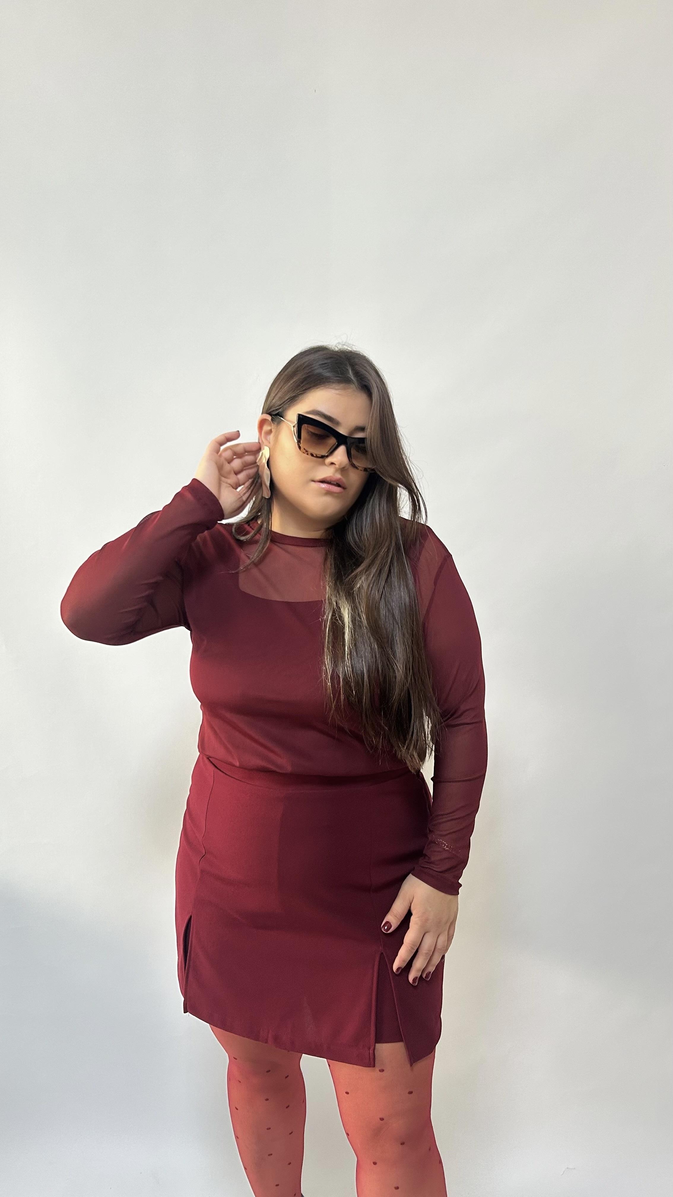 Bordo Çift Yırtmaçlı Likralı Şort Etek