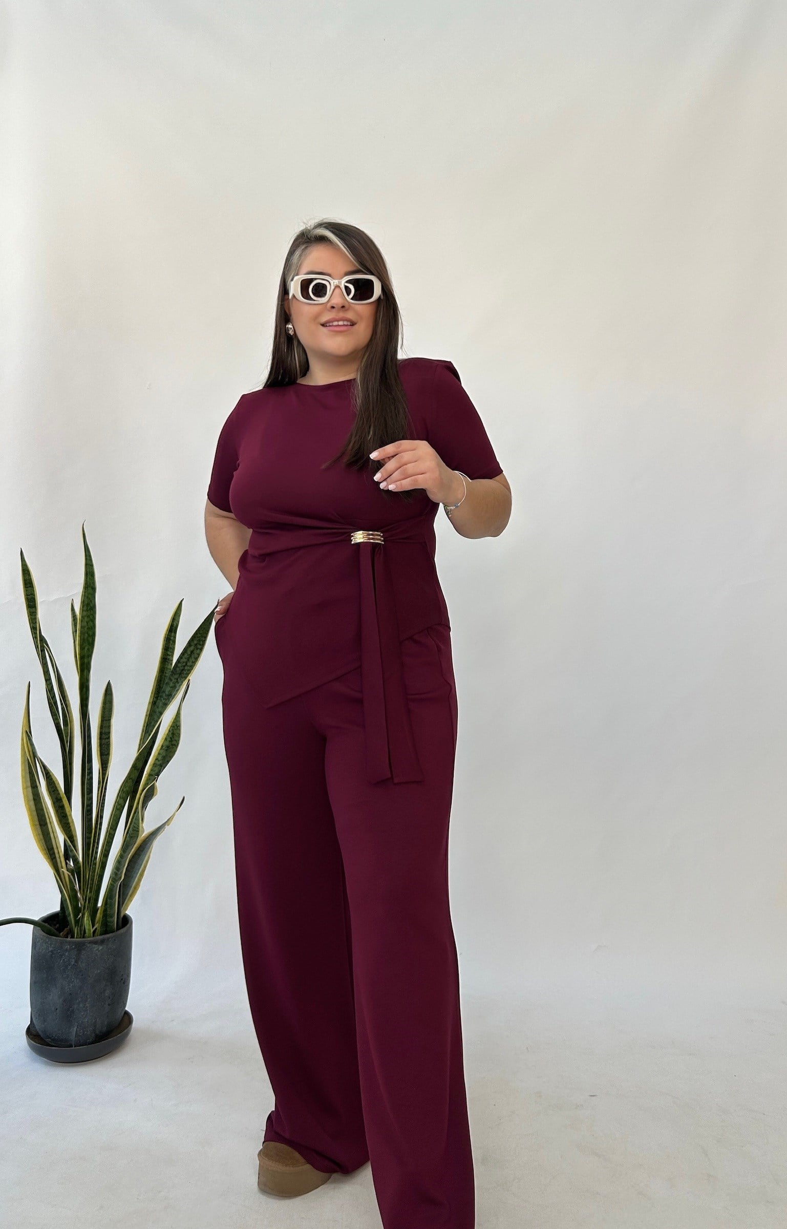 1129-Bordo Modal Tokalı Takım 