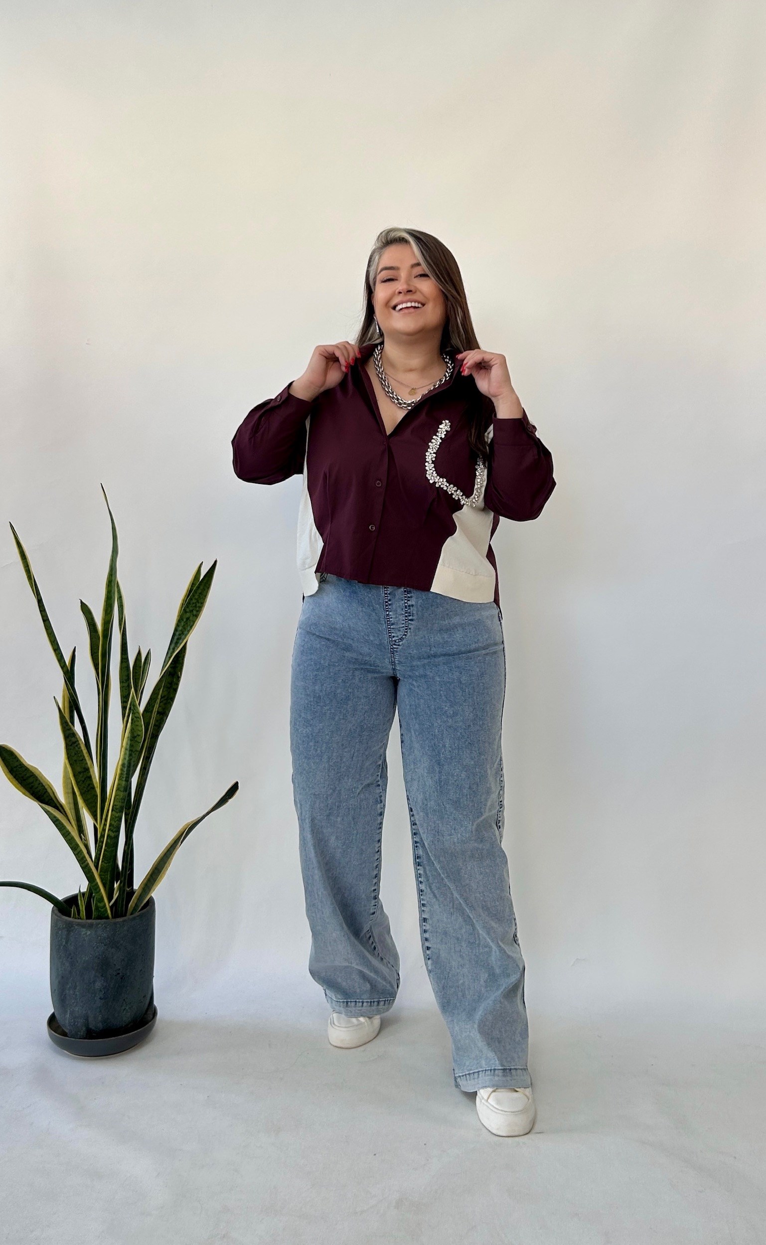 Bordo Triko Poplin Detaylı Bluz