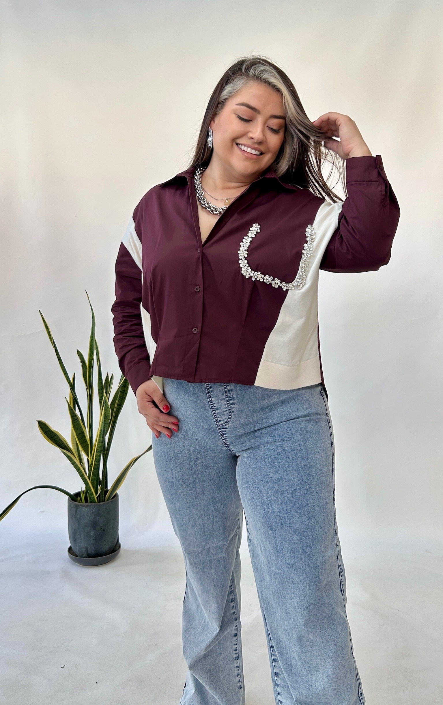 Bordo Triko Poplin Detaylı Bluz